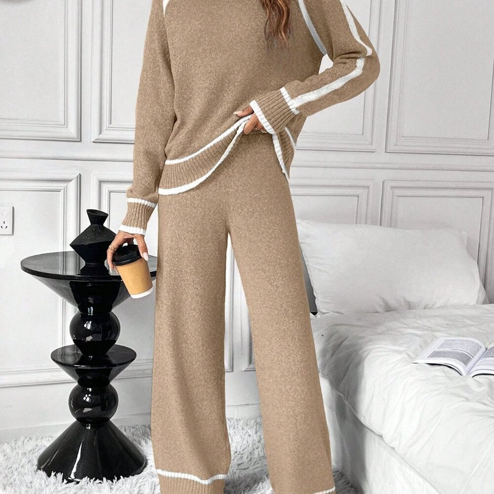 Khaki Casual Women's Loose Contrast Color Sweater Set